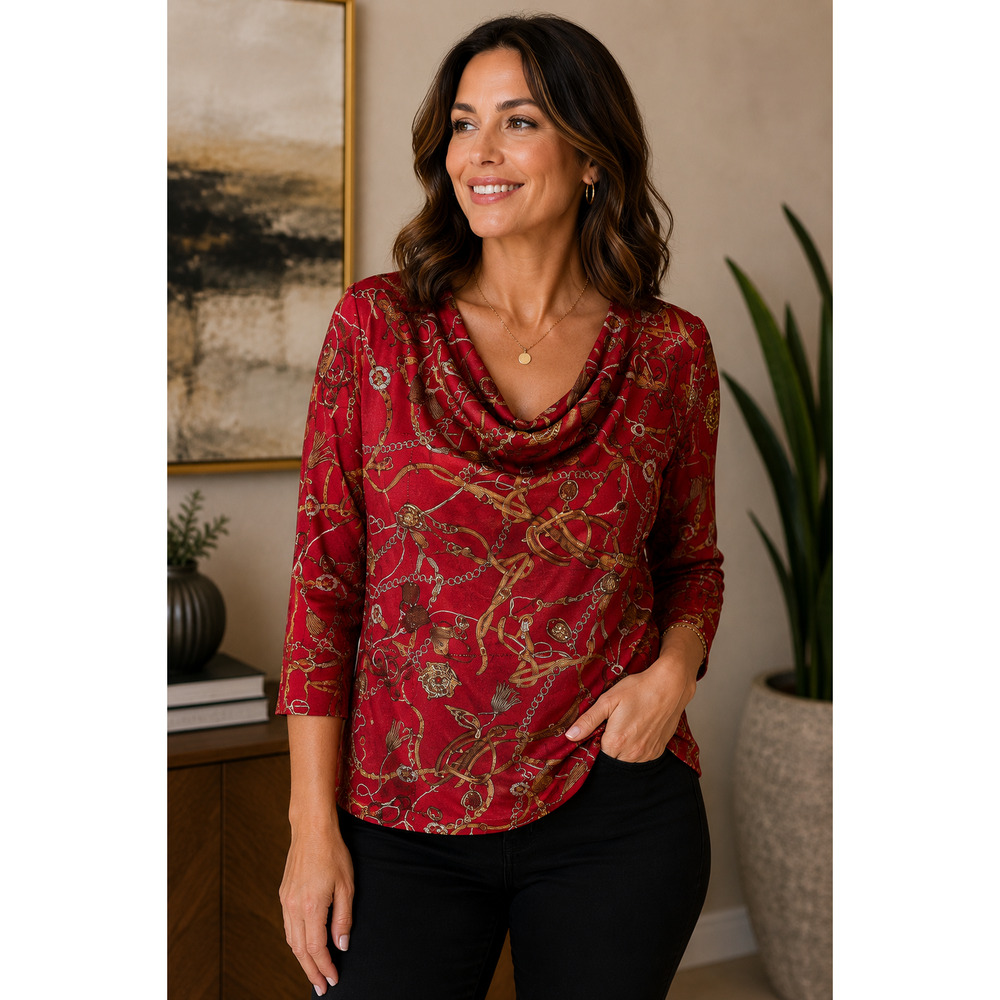 Talbots Equestrian Print Red Drape Neck Long Sleeve Jersey Size L